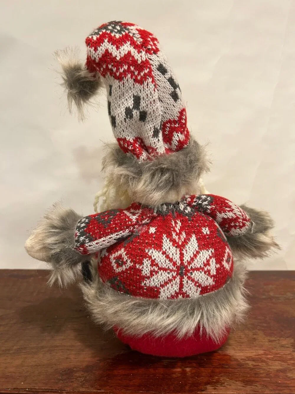 Christmas Holiday Gnome with knit cap and sweater, faux fur trim and yarn beard